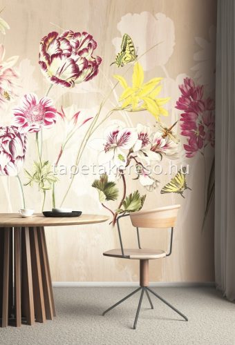 Khroma Walldesigns 2 vinyl, vlies anyagú beige, sárga, bordó, rózsaszín, zöld színű pillangós, virágos modern poszter