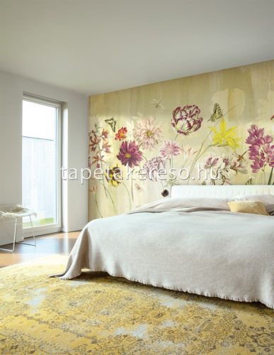 Khroma Walldesigns 2 vinyl, vlies anyagú zöld, sárga, bordó, rózsaszín színű pillangós, virágos modern poszter