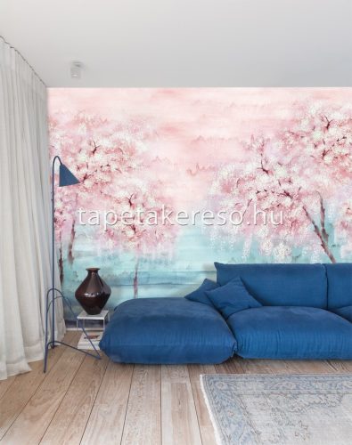 Khroma Walldesigns 2 vinyl, vlies anyagú kék, rózsaszín, fehér színű festmény, fás modern poszter