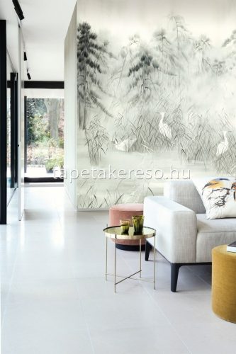 Khroma Walldesigns 2 növényi szálak, vlies anyagú fehér, szürke színű madaras, növényes modern poszter
