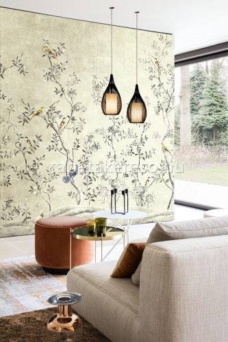 Khroma Walldesigns 2 növényi szálak, vlies anyagú kék, szürke, sárga színű ágas, virágos, madaras modern poszter