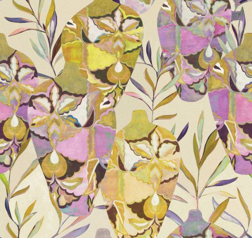 Khroma Wall Designs IV vlies anyagú, beige, sárga, lila színű, váza, leveles, Modern poszter