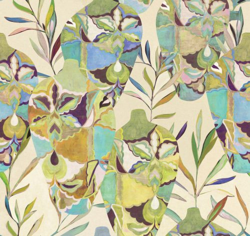 Khroma Wall Designs IV vlies anyagú, beige, zöld, kék színű, váza, leveles, Modern poszter