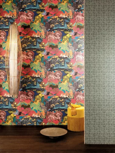 Khroma Kimono vlies anyagú, sárga, piros, zöld, fekete, kék, rózsaszín színű, kínai motívumos, állatos, Modern poszter