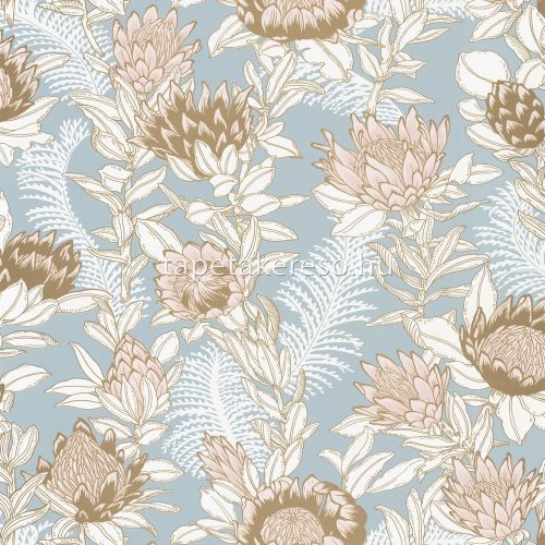 Caselio Dream Garden vlies anyagú kék, fehér, arany, beige színű virágos, növényes modern tapéta