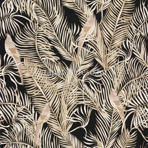 Caselio Dream Garden vlies anyagú fekete, fehér, beige, arany színű madaras, növényes modern tapéta