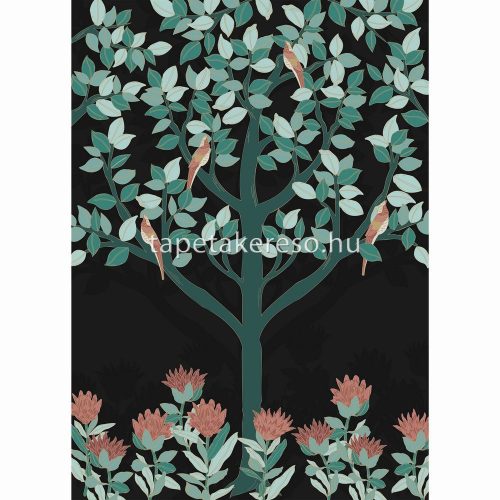Caselio Dream Garden vlies anyagú fekete, zöld, türkiz, barna, mályva színű fás, madaras, növényes modern poszter