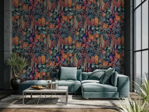 Decoprint Designer Walls Marta Cortese vlies  anyagú, fekete, zöld, kék, narancssárga színű, leveles, Modern poszter