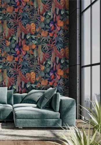 Decoprint Designer Walls Marta Cortese vlies  anyagú, fekete, zöld, kék, narancssárga színű, leveles, Modern poszter