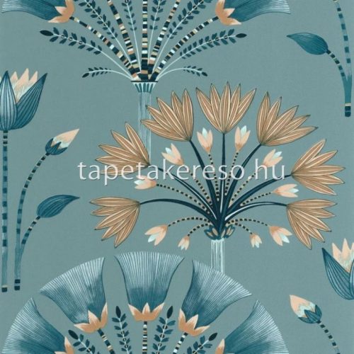 Caselio ELEGANCE vlies, vinyl anyagú kék, barna, arany színű virágos, art deco modern tapéta