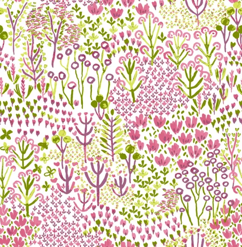 A Street Prints Happy vlies anyagú fehér, zöld, lila, pink színű növényes, virágos, absztrakt modern tapéta