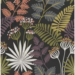   A Street Prints Seychelles vlies anyagú fekete, zöld, lila, barack, törtfehér, mustársárga színű virágos, leveles modern, natural tapéta