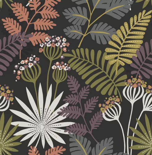 A Street Prints Seychelles vlies anyagú fekete, zöld, lila, barack, törtfehér, mustársárga színű virágos, leveles modern, natural tapéta