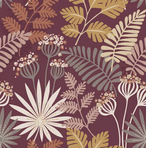 A Street Prints Seychelles vlies anyagú bordó, szürke, törtfehér, barna színű virágos, leveles modern, natural tapéta