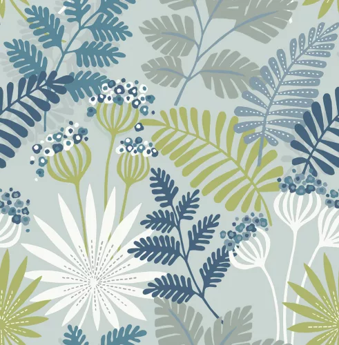 A Street Prints Seychelles vlies anyagú kék, zöld, szürke színű virágos, leveles modern, natural tapéta