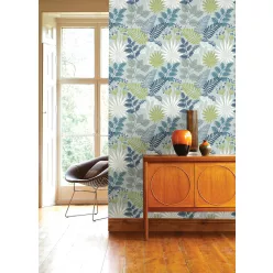   A Street Prints Seychelles vlies anyagú kék, zöld, szürke színű virágos, leveles modern, natural tapéta