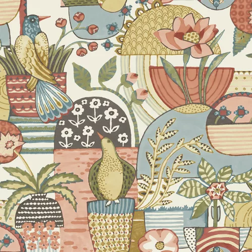 A Street Prints Hannah vlies anyagú beige, zöld, terrakotta, keki, kék, szürke színű madaras, virágos modern tapéta
