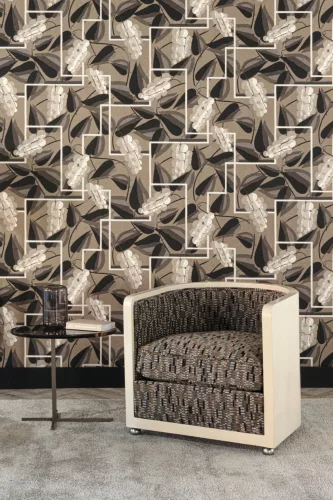 Khroma Folies vlies anyagú fekete, barna, beige, fehér színű leveles modern tapéta