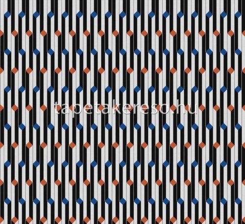 Khroma Folies vlies anyagú fekete, fehér, kék, rozsdabarna színű csíkos, geometriai modern tapéta