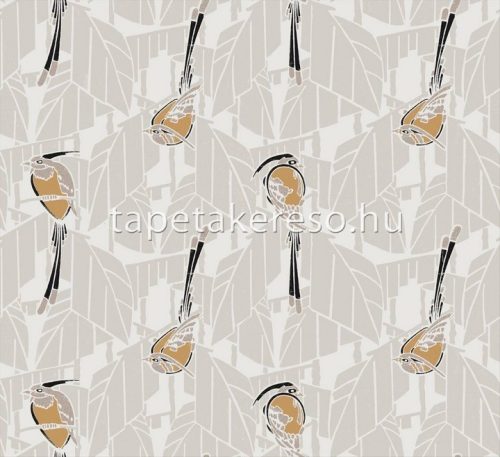 Khroma Folies vlies anyagú beige, fekete, mustársárga, gyöngyház színű madaras, leveles modern tapéta