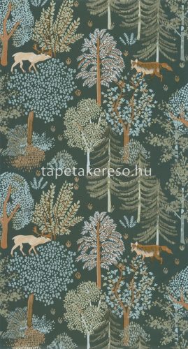 Caselio La Forét vlies anyagú zöld, kék, barna, beige, arany színű állatos, fás modern, natural tapéta