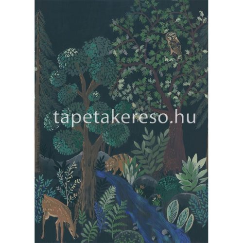 Caselio La Forét vlies anyagú fekete, barna, zöld, kék színű állatos, fás modern, natural poszter