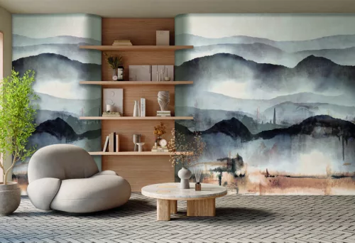 Decoprint Feature Walls vinyl, vlies anyagú, barna, fehér, fekete, szürke színű, hegyvidék, festmény , Modern poszter