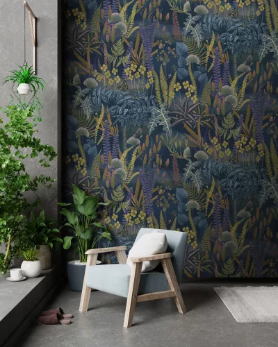 Decoprint Feature Walls vinyl, vlies anyagú, kék, mustársárga, lila, barna, zöld színű, leveles, Modern poszter