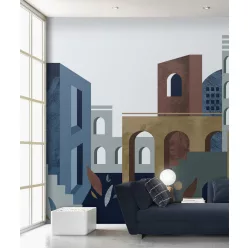   Decoprint Feature Walls vinyl, vlies anyagú, kék, barna, keki színű, épület, Modern poszter