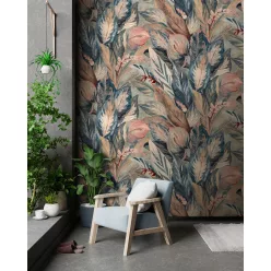   Decoprint Feature Walls vinyl, vlies anyagú, kék, barack, beige színű, leveles, Modern poszter