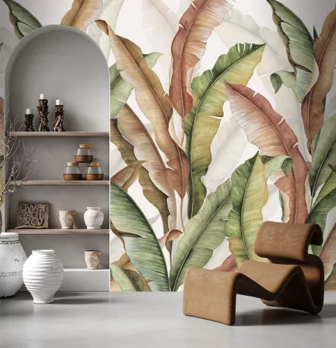 Decoprint Feature Walls vinyl, vlies anyagú, barna, törtfehér színű, leveles, Modern poszter