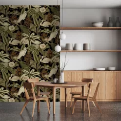   Decoprint Feature Walls vinyl, vlies anyagú, fekete, zöld, beige, barna színű, madaras, leveles, Modern poszter