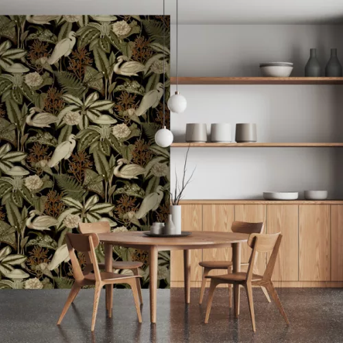 Decoprint Feature Walls vinyl, vlies anyagú, fekete, zöld, beige, barna színű, madaras, leveles, Modern poszter