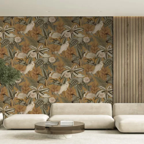 Decoprint Feature Walls vinyl, vlies anyagú, barna, zöld, beige színű, madaras, leveles, Modern poszter