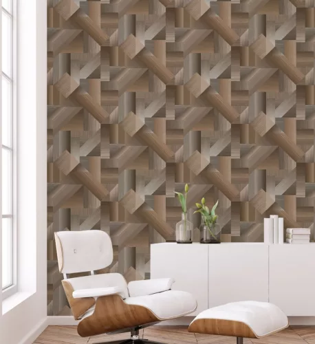 ICH TexStyle vlies anyagú barna színű famintás, geometriai modern tapéta