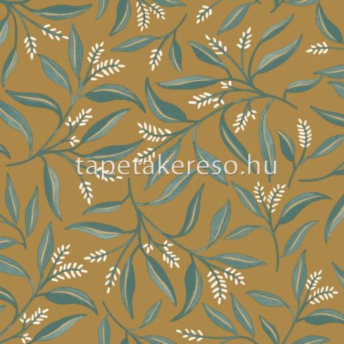 Caselio GREEN & CO vlies anyagú rozsdabarna, zöld, fehér színű növényes, leveles modern tapéta