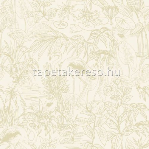 Caselio GREEN & CO vinyl, vlies anyagú beige, arany színű virágos, leveles, madaras modern tapéta