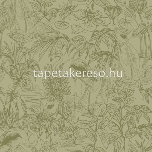 Caselio GREEN & CO vinyl, vlies anyagú keki színű virágos, leveles, madaras modern tapéta