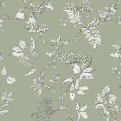   Graham & Brown Laura Ashley Signature Vol.1 vlies anyagú, zöld, fehér színű, madaras, ágas, Romantikus tapéta
