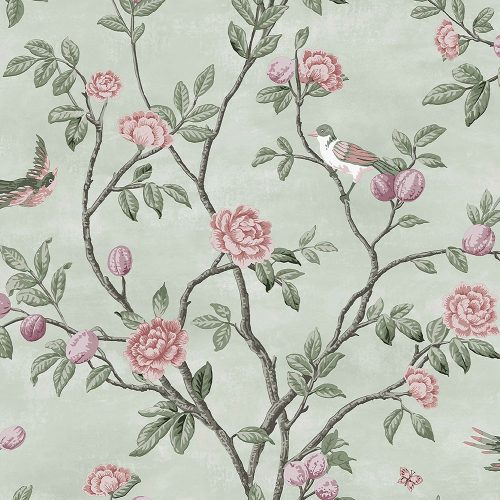 Graham & Brown Laura Ashley Signature Vol.1 vlies anyagú, szürke, zöld, lila, rózsaszín színű, madaras, ágas, Romantikus tapéta