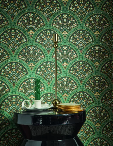 Casadeco Heritage vlies anyagú, zöld, narancssárga színű, art deco, virágos, Modern tapéta