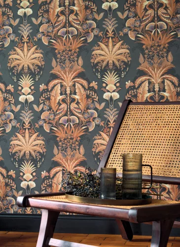 Casadeco Heritage vlies anyagú, fekete, szürke, barna színű, virágos, leveles, Modern tapéta