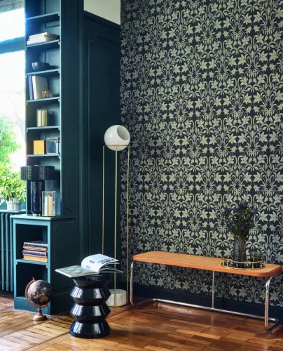 Casadeco Heritage vlies anyagú, fekete, barna színű, indamintás, leveles, Modern tapéta