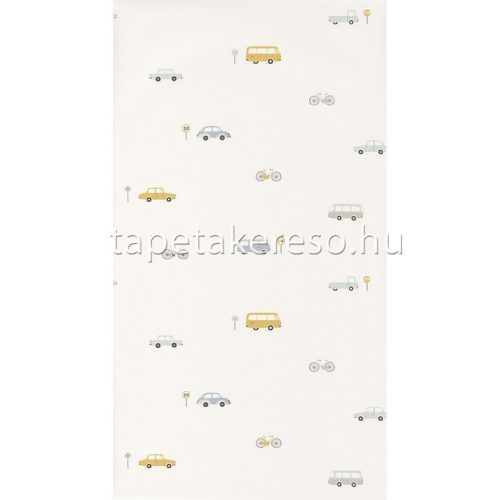 Casadeco HAPPY DREAMS vlies anyagú fehér, türkiz, mustársárga, szürke színű autós, biciklis gyerek tapéta