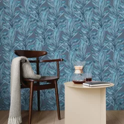   Hohenberger Line & Leaf, vlies anyagú, kék színű, leveles, Modern tapéta