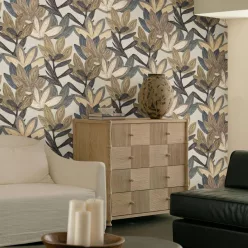   Hohenberger Line & Leaf, vlies anyagú, arany, barna, szürke, beige színű, leveles, Modern tapéta
