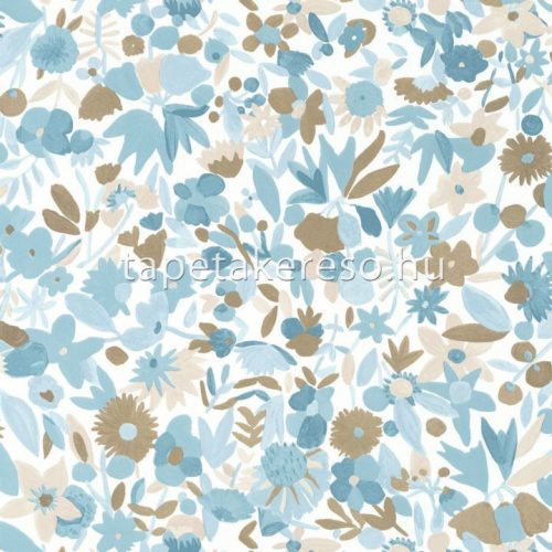 Caselio Imagination vlies anyagú kék, fehér, beige, arany színű virágos, leveles modern tapéta