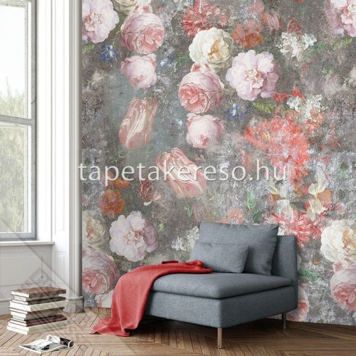 Behang Expresse Colorful vlies anyagú fehér, rózsaszín, szürke, korall színű koptatott, virágos romantikus tapéta