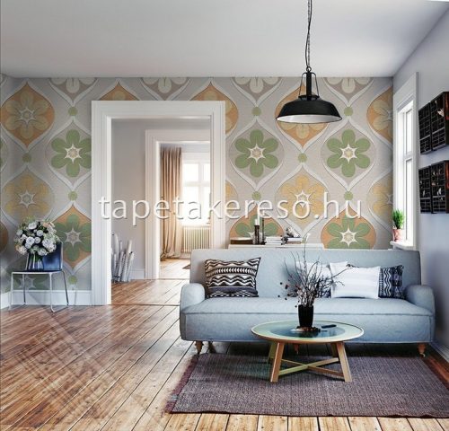 Behang Expresse Colorful vlies anyagú sárga, barna, zöld, szürke színű virágos retro tapéta