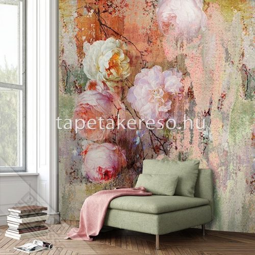 Behang Expresse Colorful vlies anyagú fehér, narancssárga, barna, rózsaszín színű virágos, koptatott romantikus tapéta